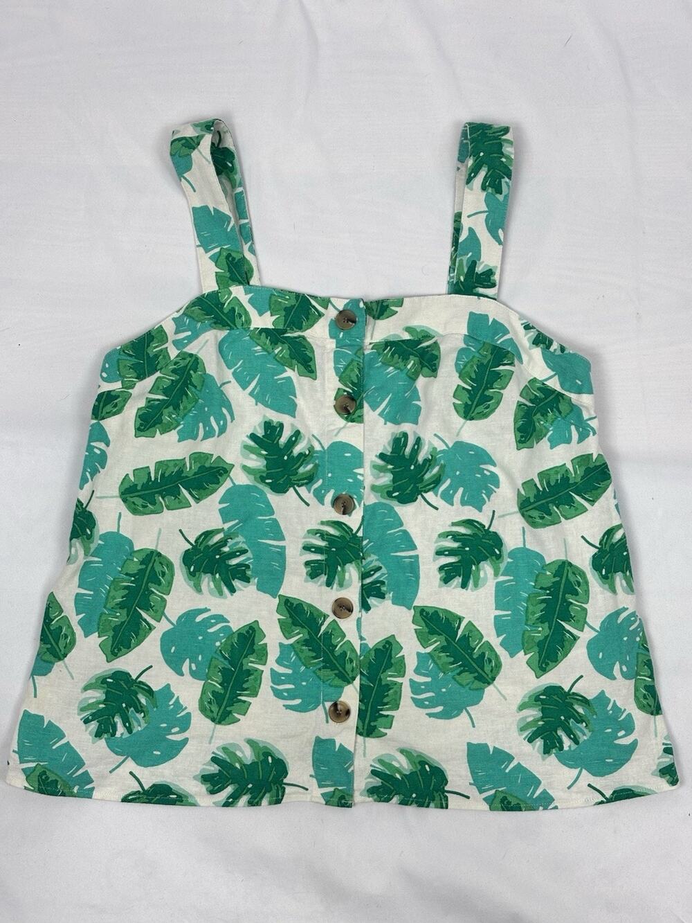 J CREW Linen Blend Tank Green Palm Leaf Print Button Front Size S Tropical
